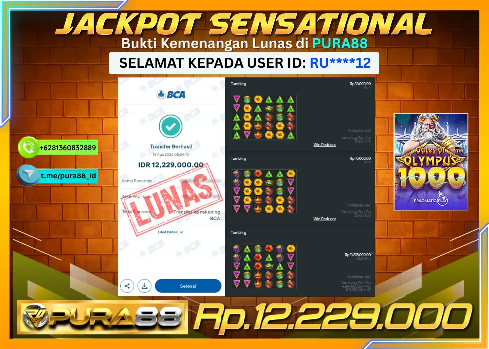 PURA88 JACKPOT GATES OF OLYMPUS 1000 Rp 12.229.000,- LUNAS